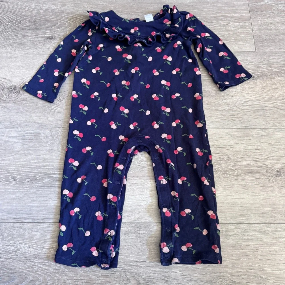 Janie and Jack Girls Navy Blue Cherry Print Ruffle Romper 18-24 Months